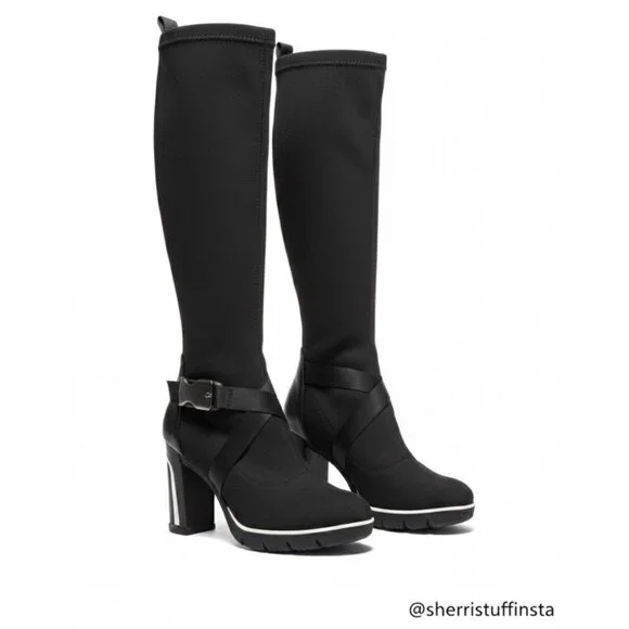 Gadea Black Stretch Sock Buckle Boots Leather Heels Made In Spain 37 Extralight - Picture 1 of 15